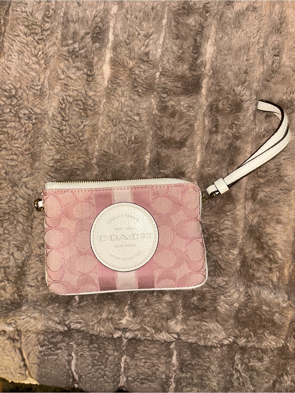 Coach Pink Signature Zip Wristlet with White Logo Patch